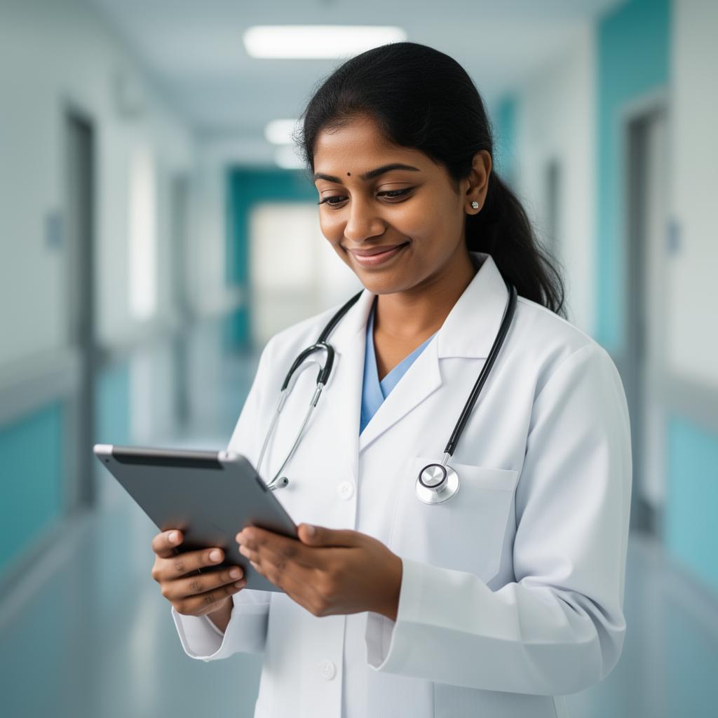 Clinician using Arogya Kunj on a tablet in a hospital